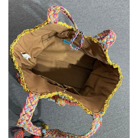 Blue Miami | Women's Multicolor Woven Canvas Straw Basket Beach Tote Handbag - Picture 6 of 7